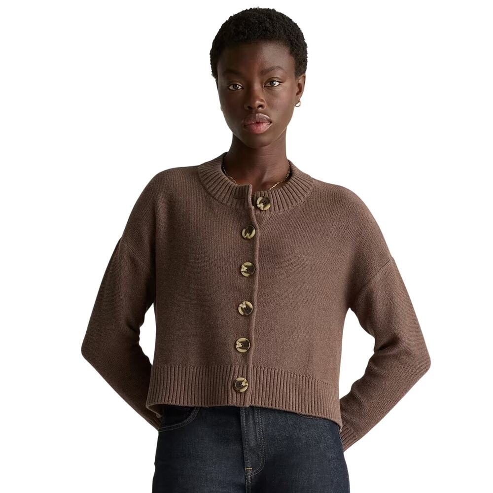 EUC Quince Women's XS Organic Cotton Cropped Cardigan Heather Brown Preppy Boho
